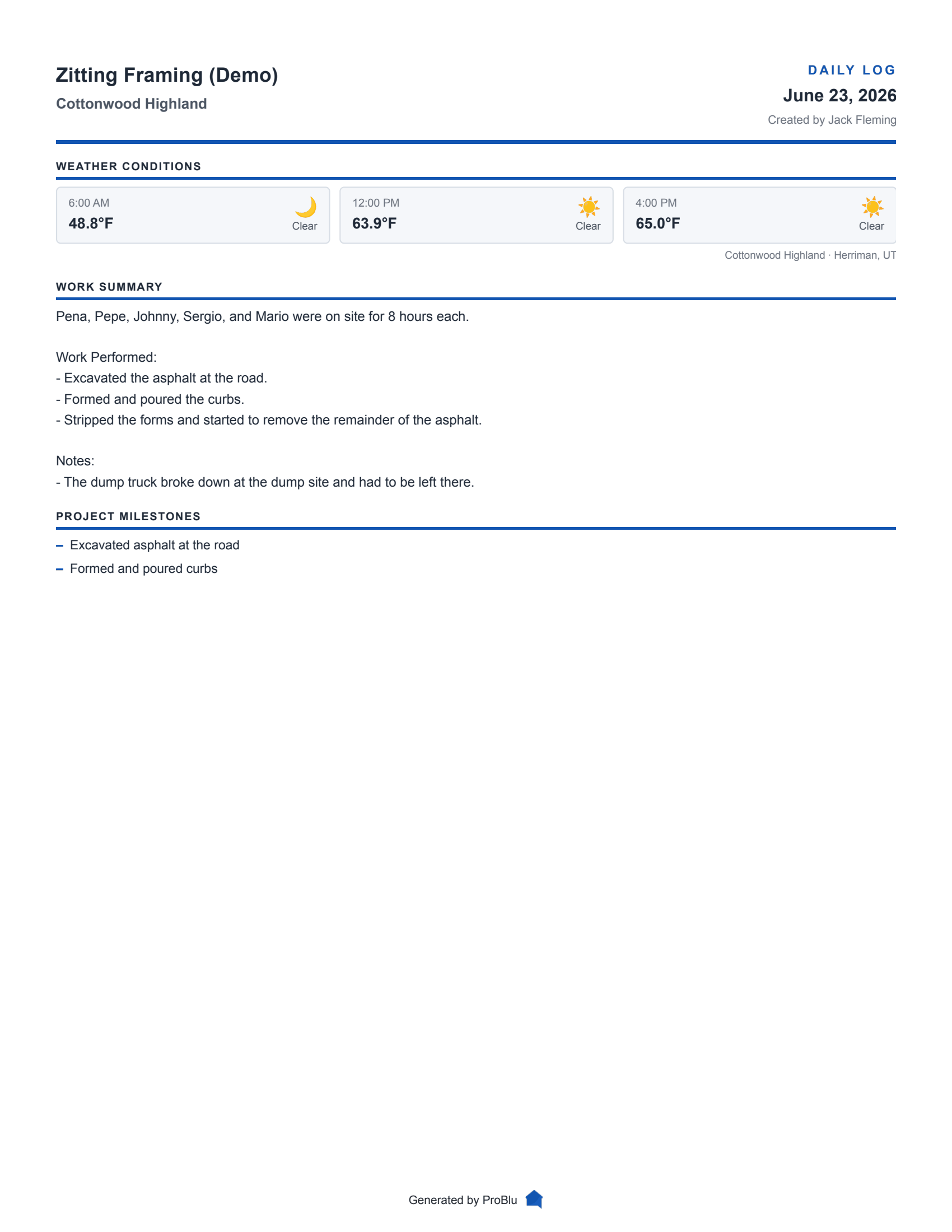 Screenshot of a ProBlu daily log generated from a text message