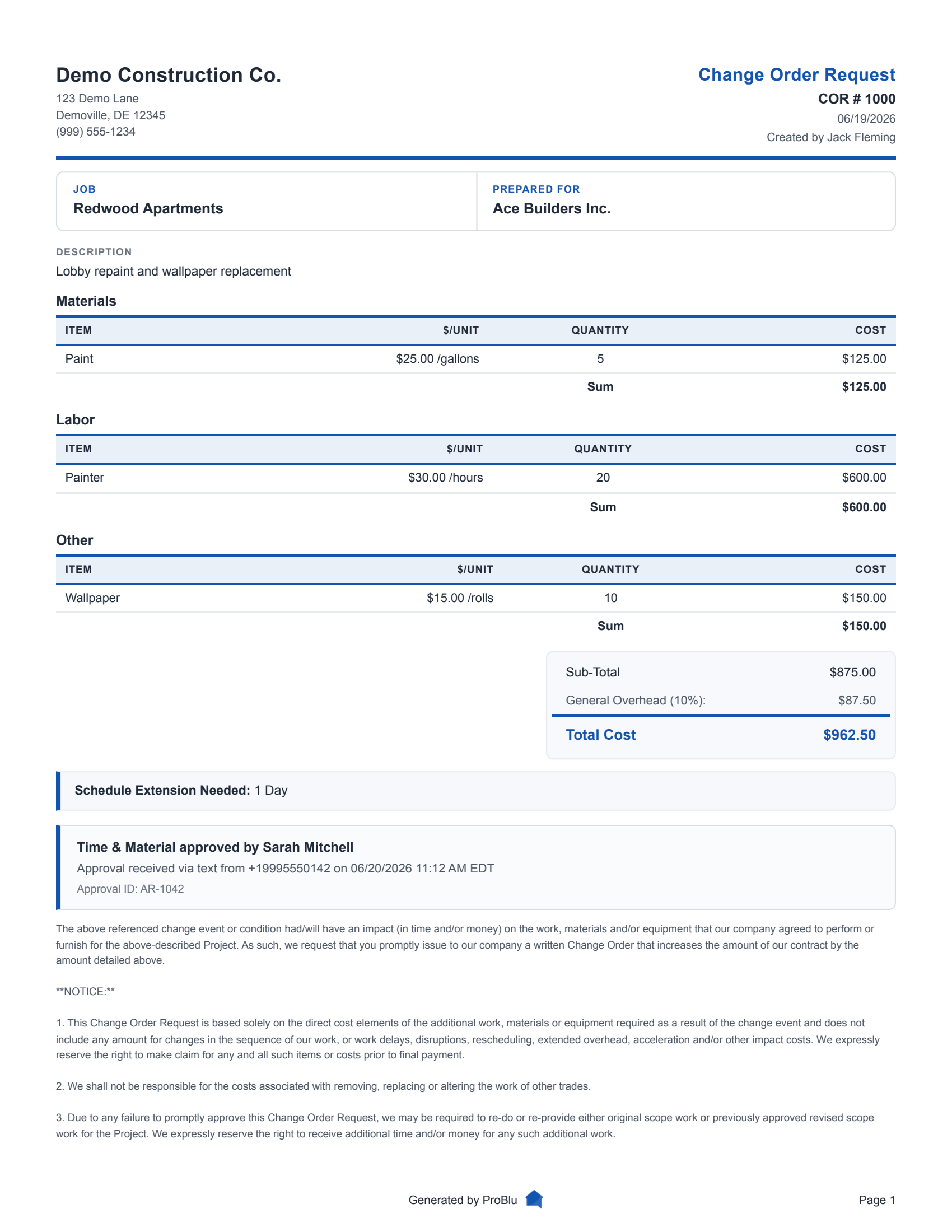Screenshot from a ProBlu change order PDF